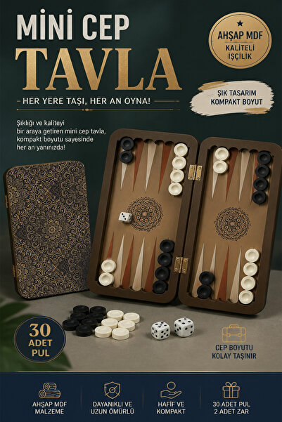 kutuTR TVL07 Katlanabilir Mini Cep Tavlası Ahşap MDF Taşınabilir Tavla Seti Desenli 2 Adet Tabak Altlığı