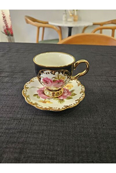 MİMSEGÜN DEKOR Black Rose Hand Painted Quality Coffee Cup with Gold Details