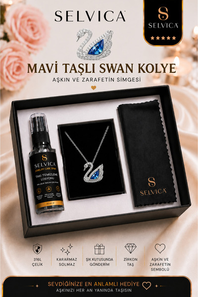 Selvica 316L Çelik Mavi Taşlı Swan Kuğu Kolye Ve 316L Çelik Takı Temizleme Lo...
