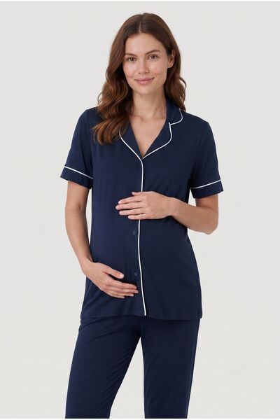 LOHOUSE Women's Navy Blue Ribbed Front Buttoned 2-Piece New Season Maternity ...