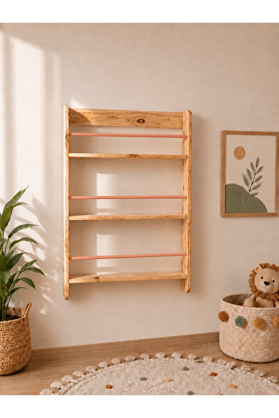 LunaLoveWood Masif Ahşap Montessori Kitaplık - Çocuk Odası Duvar Rafı 3 Raflı...
