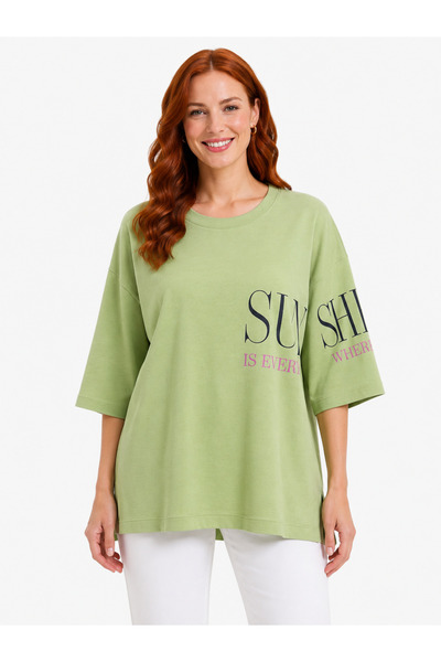 Neden Tekstil Tricou verde oversize cu imprimeu pentru femei
