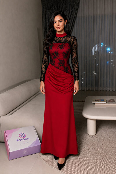 Adel Center Women's Burgundy Maxi Lace Black Long Sleeve Stand Collar Evening...