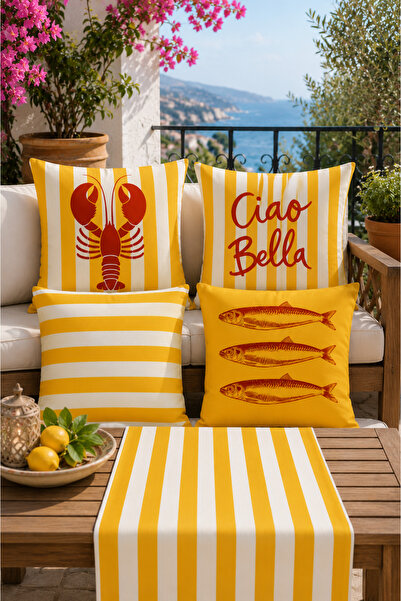 stellahomes Mediterranean Themed Yellow Striped 4-Piece Decorative Throw Pill...