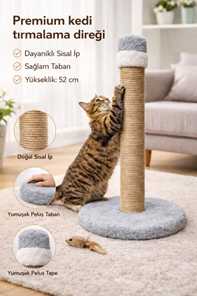 Empressco Cat Scratching Post, Light Gray, 52 Cm, Natural Sisal Rope, Round Base
