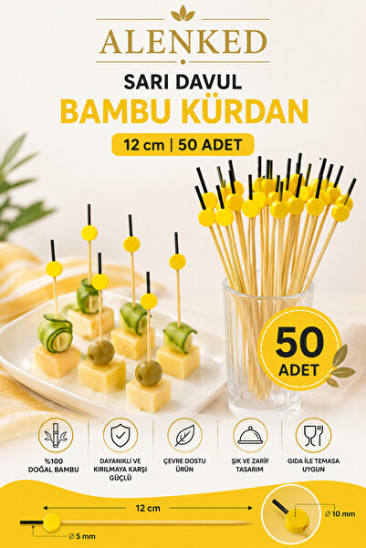 alenked Decorative Toothpick Yellow Drum Bamboo 12cm 50 Pieces