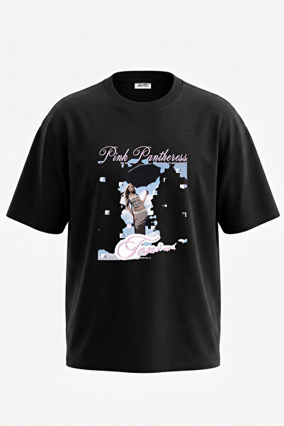 Anetos Pink Pantheress_1 Design Printed Oversize Black T-Shirt