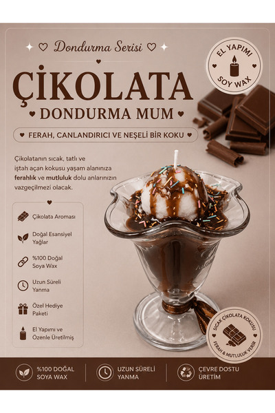 Çikolata Kokulu Dondurma Kase Mum 🍫🍦 Cam Kasede Çikolata Soslu El Yapımı Dekoratif Soya Mum