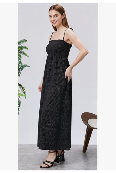 exxit collection Patterned Cotton Long Summer Black and White Patterned Women's Dress - Shoulder Tie Strap Gathered Gipeli Women's Casual Dress