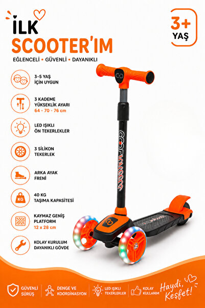 welcomein 3 Tekerlekli LED Işıklı Çocuk Scooter 3 Kademeli Ayarlanabilir Yüks...