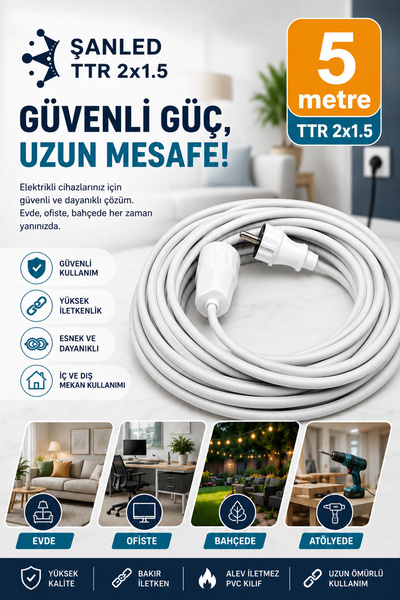 ŞANLED Uzatma Kablosu 2x1,5 mm Ttr Topraklı Seyyar Kablo 5 Metre