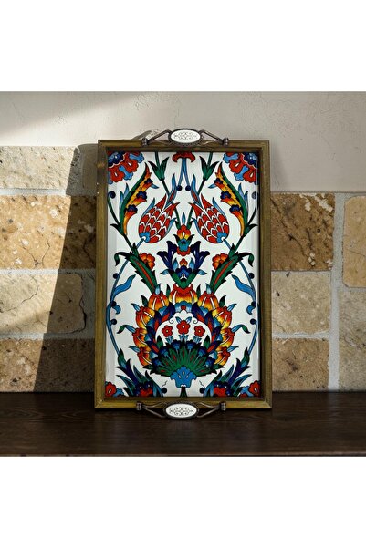 PorcelainAtelier El Yapımı Kütahya Çini Desenli Ahşap & Seramik Tepsi 42x28 c...