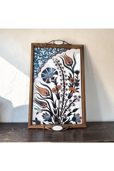 PorcelainAtelier El Yapımı Kütahya Çini Desenli Ahşap & Seramik Tepsi 42x28 c...