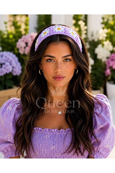 QUEEN AKSESUAR Luxury Wide Weave Lilac Purple Daisy Flower Patterned Crown Ha...
