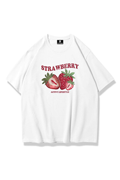 STYKEER Unisex Oversized T-Shirt "Strawberry" Printed Loose Fit White T-Shirt