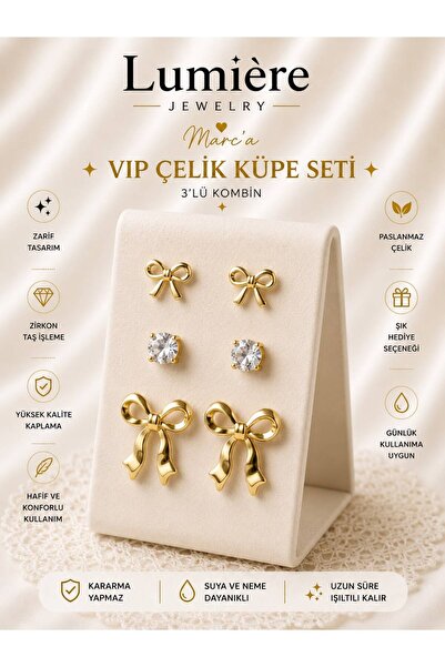 LUMİERE JEWELRY Gold fiyonk 3lü küpe set