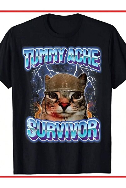 01THEONE تي شيرت رجالي بطبعة قطة بتصميم "Tummy Ache Survivor" - مقاسات S-5XL،...