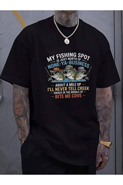 01THEONE تي شيرت رجالي مرح بتصميم شعار "My Fishing Spot" و "Bite Me Bay" - لل...