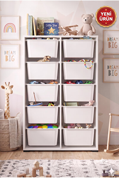 decosense 10 Adet Büyük Çekmeceli 136 cm Beyaz Çocuk Odası Oyuncak Dolabı ve ...