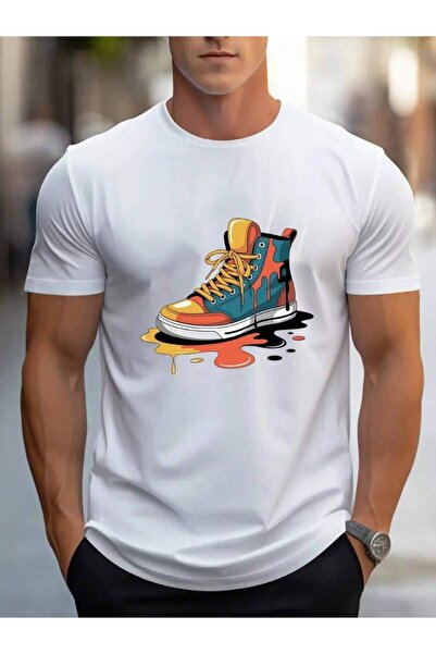 4CR Men's Black Crew Neck T-Shirt With Colorful Sneaker Drip Print, Suitable ...