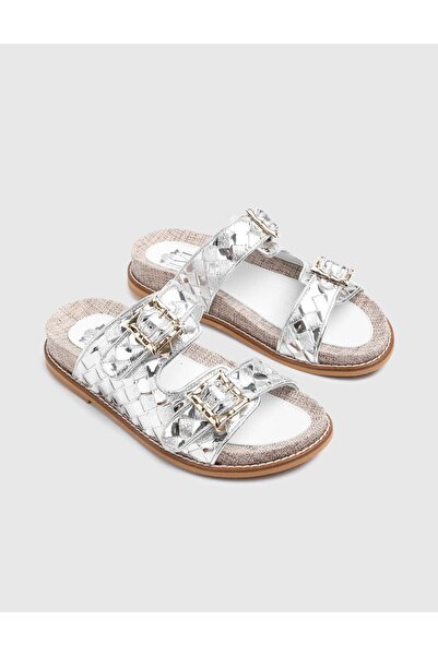 İLVİ Norya Genuine Printed Leather Women's Silver Color Slippers