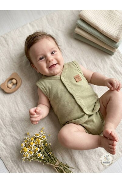 Gökçe Baby سترة أطفال من القطن العضوي بأزرار كبس - سترة أطفال بدون أكمام، ناع...