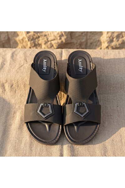 Lucky Steps Men's Textured PU Leather Slide Sandals Metal Buckle Non-Slip Cus...