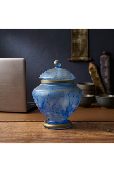 ESKİ YENİ ANTİK Blue Opaline Glass Decorative Vase with Lid – Stylish Decorat...