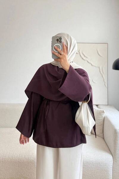 HİFADEN Kadın Şal Yaka Kuşaklı Salaş Drapeli Uzun Kollu Oversize Modern Teset...