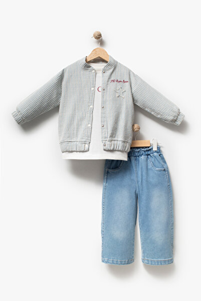 Jikko Baby Girl's Star Detailed Striped Jacket and Wide Leg Jeans 3-Piece Set...
