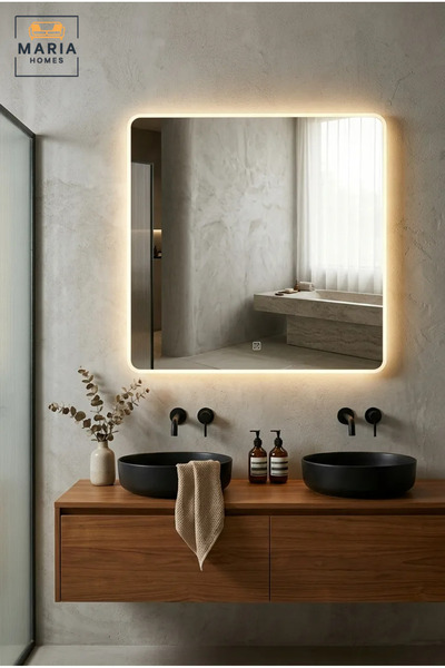 MARIA HOMES Modern Rectangular LED Wall Mirror with Touch Sensor, Backlit Fra...