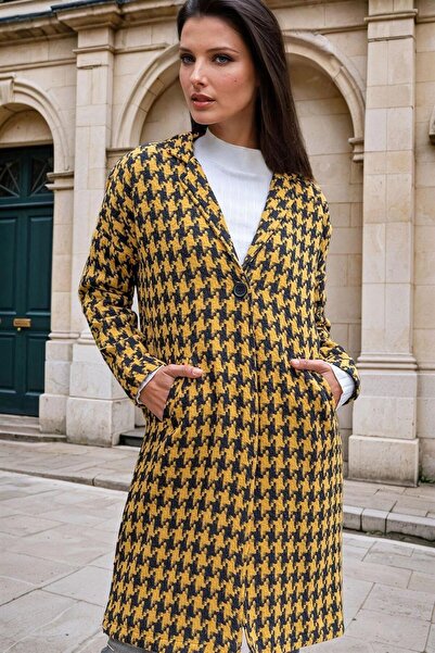 Moda4x4 Women's Clothing Yellow, Houndstooth Pattern, Pocket Detail, Long Coat