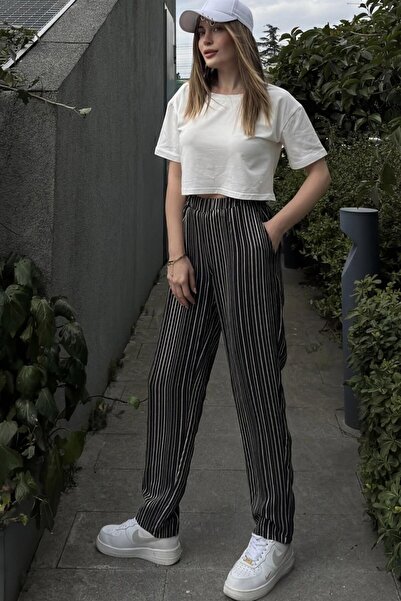 Moda4x4 Women's Clothing Black Striped, Elastic Waist, Pocketed, Loose Fit Sp...