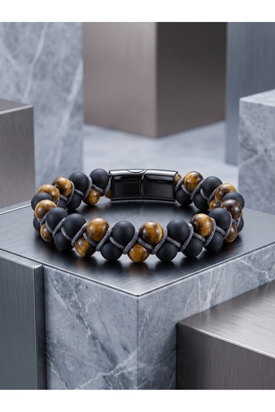 Parmas Design Men's Bracelet with Steel Rope, Tiger's Eye and Onyx Natural Stone 01903