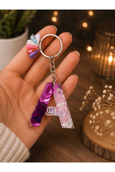 GMA KEYS Letter a Pink Purple Color Beaded Epoxy Keychain