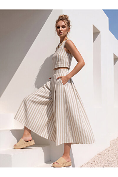Catz Clothes Σετ Παντελόνι-Φούστα Κάλι με Ρίγες σε Λευκό Βιζόν και Μπλούζα Crop