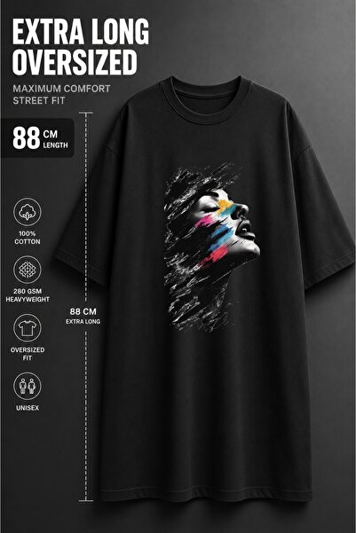 classy moda Unisex Oversized Extra Long Colorful Paint Effect Face Printed T-...
