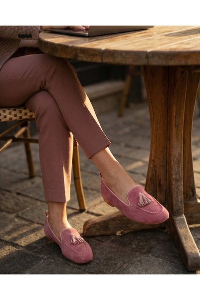 futsi shoes MILET Pembe Süet Hakiki Deri Püsküllü Loafer Kadın Babet