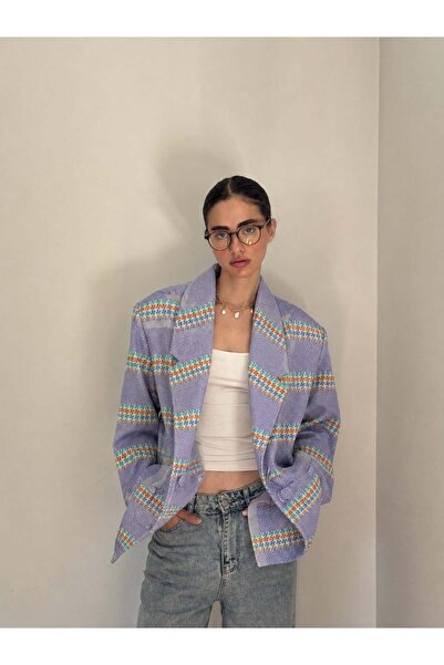 Retrobird 90'lar Retro Model Oversize Tasarım Ekose Ceket Kadın Eflatun
