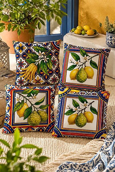 EVPANYA Ethnic Lemon Flowers Patterned 4-Piece Throw Pillow Cover Set