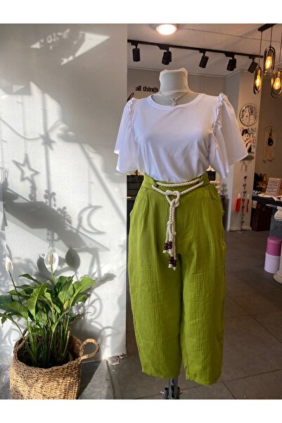 FİRST CHANCE Elastic Waist Rope Belted Women's Shalwar Trousers in Oil Green
