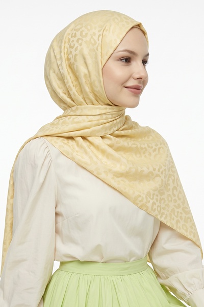 InStyle Leopar Desen Sarı Jakarlı Pamuk Şal