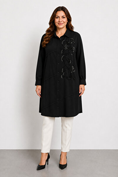 bihan store Women's Embroidered Detailed Comfortable Cut Tunic Y26-233 - Black