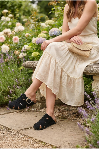 ShoeTek Sewwa Women's Slippers with Cross Straps and Buckle, Black Suede