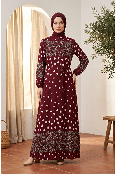 sefamerve Viscose Fabric Heart Patterned Hijab Dress 0337-02 Claret Red