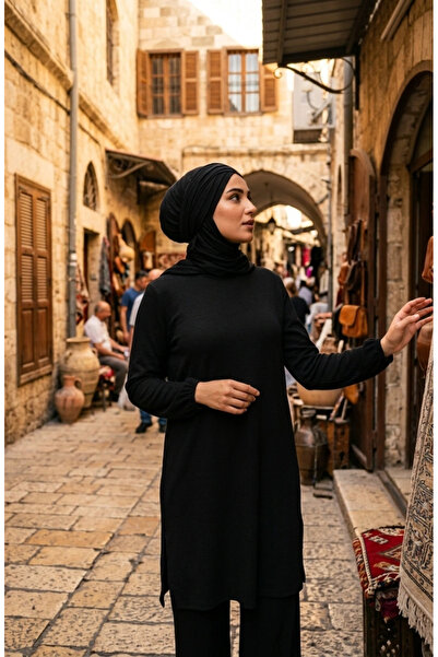 sefamerve Bürümcük Fabric Tunic Pants Hijab Double Set 0571-01 Black