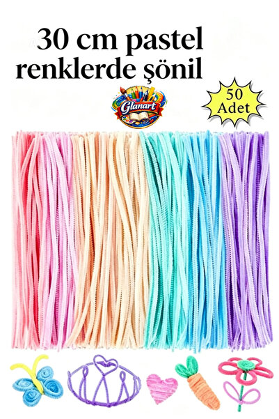 Glanart şönil pastel renkler 50 adet 30 cm şönil, tüylü tel el işi okul projeleri için