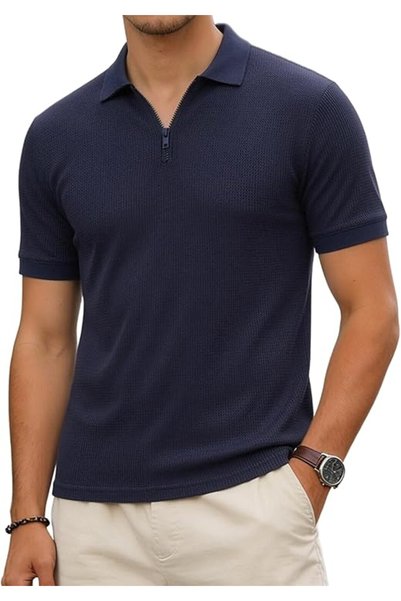 OEM Tricou polo de vară pentru bărbați, cu fermoar, albastru XL