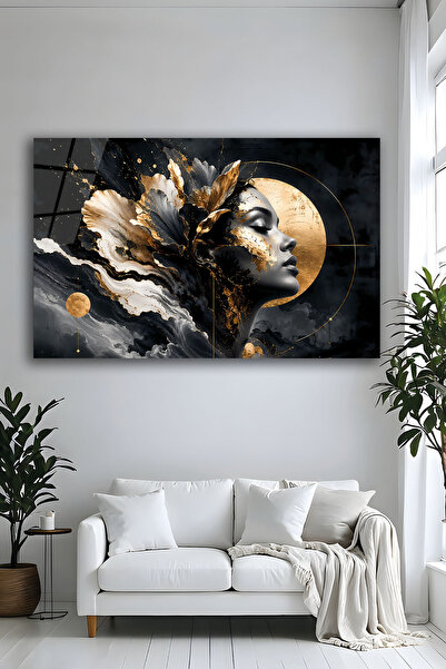 Parıltı Yayınları Gold Varaklı Kadın Portresi Güneş Motifli Cam Tablo Soyut S...