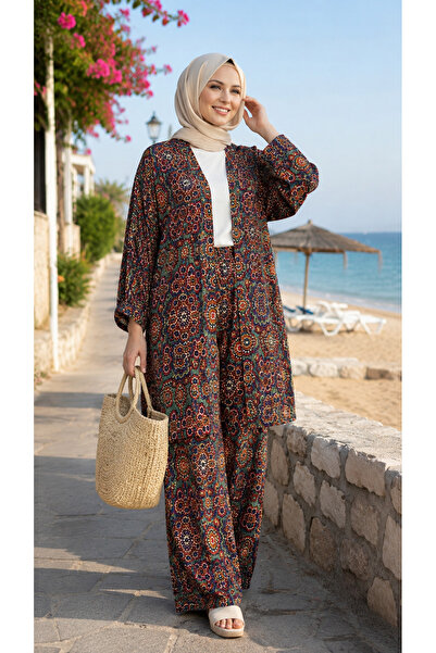 forte bella Colorful-Ethnic Pattern Top-Bottom Trend Hijab Kimono Set